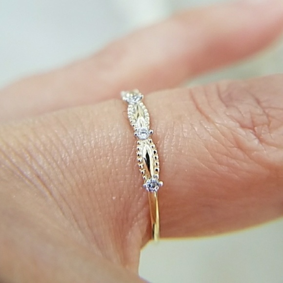 14k Gold dainty Wedding Band Stackable CZ Ring - Picture 7 of 8